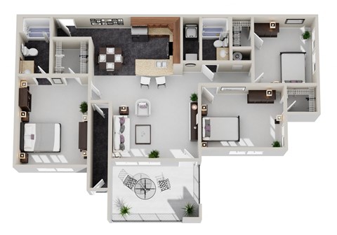 A 3D floor plan of a house with a kitchen, living room, and bedrooms.